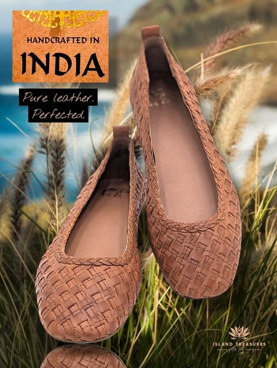 Authentically Handmade In India Shoes - Handcrafted Soft Woven Leather Ballet Flats Sz 7.5 Gold Tone Accents & Pull Tabs